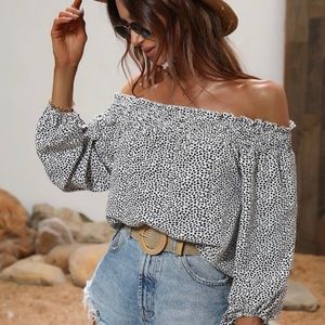 Allover Print Shirred Off Shoulder Lantern Sleeve Blouse